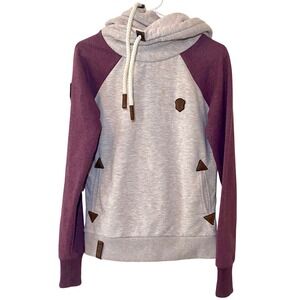 Naketano Hoodie Womens Medium Pullover Cowl Neck Colorblock Owl Logo Gray Purple